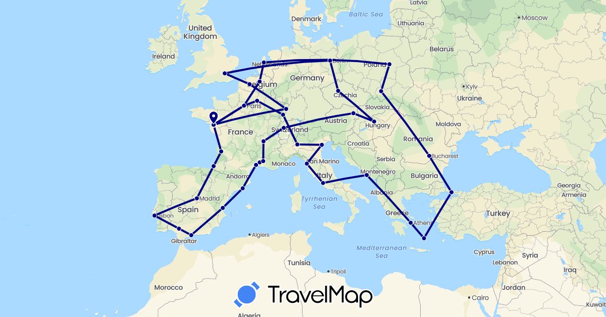 TravelMap itinerary: driving in Austria, Belgium, Switzerland, Czech Republic, Germany, Spain, France, United Kingdom, Greece, Croatia, Hungary, Italy, Netherlands, Poland, Portugal, Romania, Turkey (Asia, Europe)